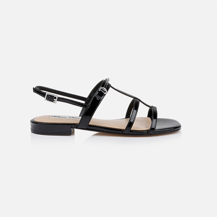 Black Patent Kid Leather Flat Sandal - Main View
