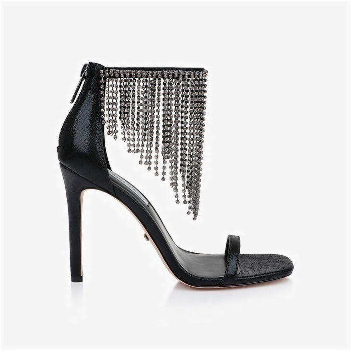 Black Shimmer Sand Fabric & Crystal Chain Stiletto Sandal - Main View