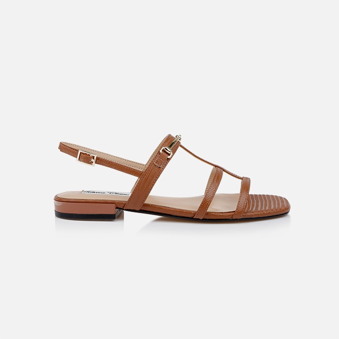 Cognac Lizard Kid Leather Flat Sandal - Main View