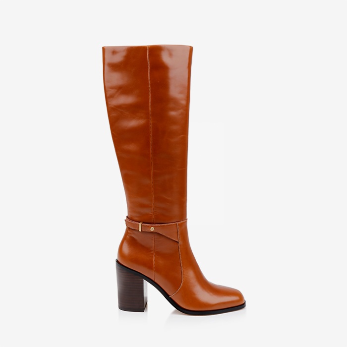 Cognac brown block heel knee boot - Main View