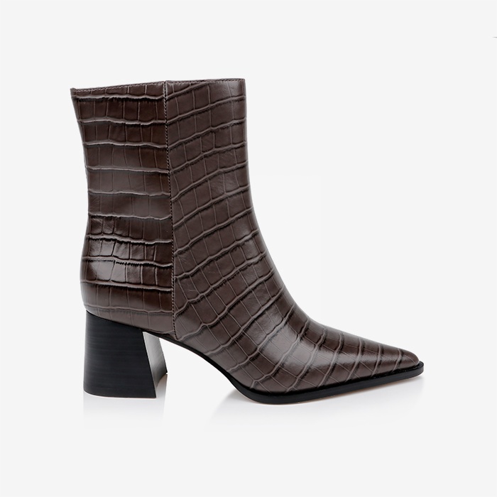 Croco brown block heel high ankle boot - Main View