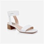 White Kid Lea Stacked Heel Sandal - Side View