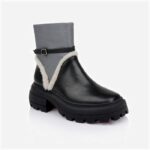 Black Cow leather & Fabric & Blue Shearing Squared Toe Boot - Side View
