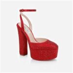 Racing Red Crystal Satin & Hotfix Block Heel Sandal - Side View