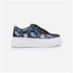 Black Cow leather & Navy Print Kid Leather Sneaker - Close-up View