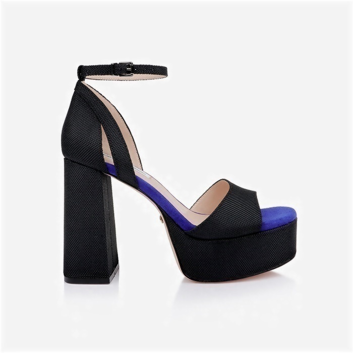 Black Fabric Block Heel Sandal - Close-up View