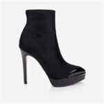 Black Lycra & Patent Leather Stiletto Pointed Toe Boot - Back View