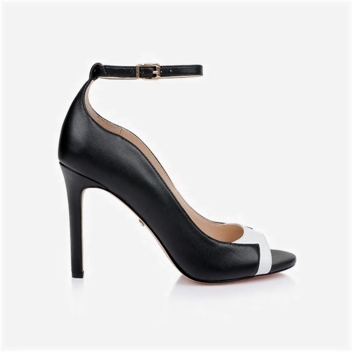 Black & White Kid Leather Stiletto Sandal - Angle View