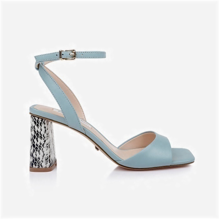 Blue Haze Kid Leather Block Heel Sandal - Back View