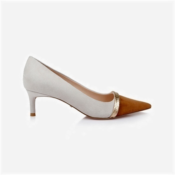 Cream Mixed Kid Suede Middle Heel Pump - Close-up View