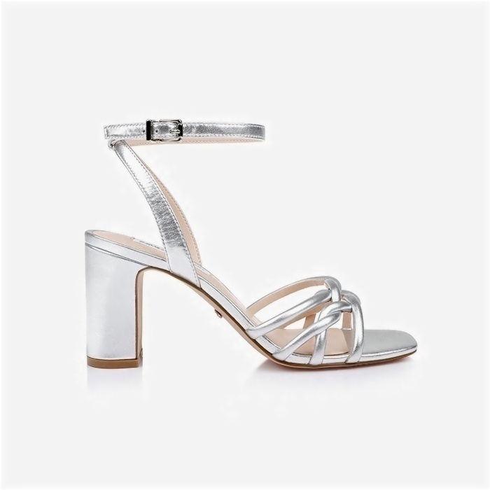 Silver Metallic Kid Leather Block Heel Sandal - Back View