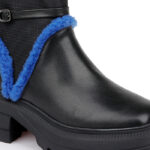 Black Cow leather & Fabric & Blue Shearing Squared Toe Boot - Close-up View