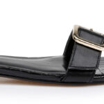 Black Kid Leather Flat Sandal - Angle View