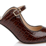 Brown Crocco Patent Leather Heel Sandal - Angle View