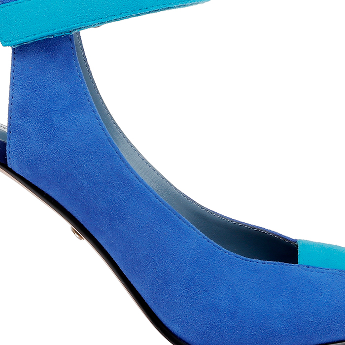 Strong Blue Mixed Kid Suede Electronic Heel Sandal - Angle View