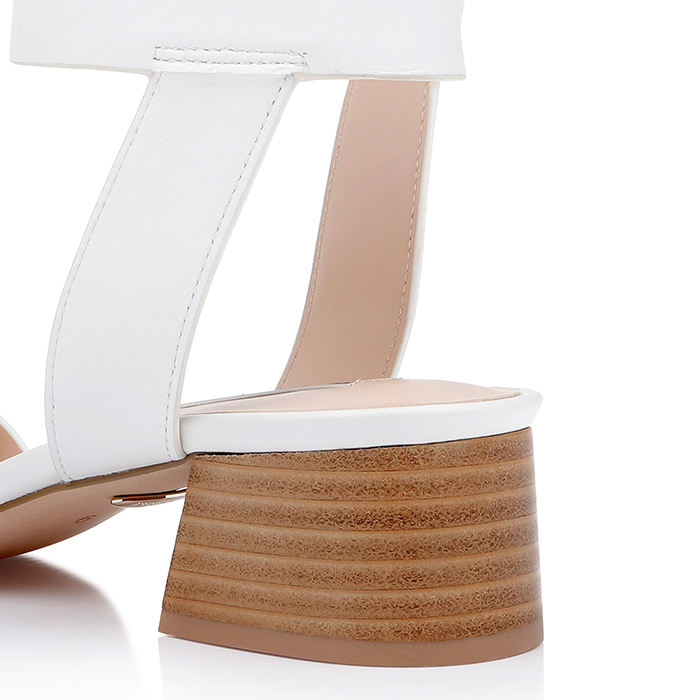 White Kid Lea Stacked Heel Sandal - Angle View