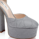 Silver Plaid Fabric Block Heel DOC Sandal - Close-up View