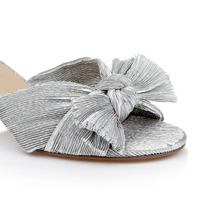 Silver Ruched Fabric Heel Sandal - Close-up View