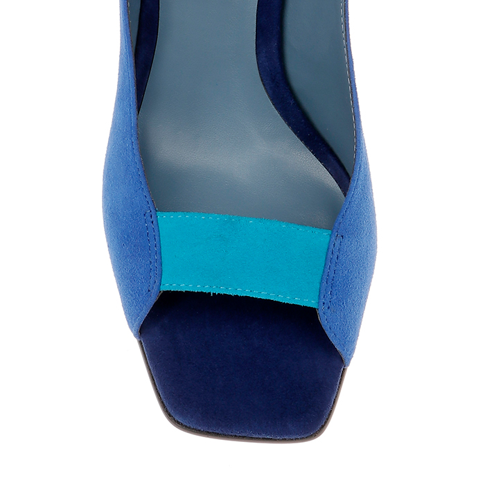 Strong Blue Mixed Kid Suede Electronic Heel Sandal - Close-up View